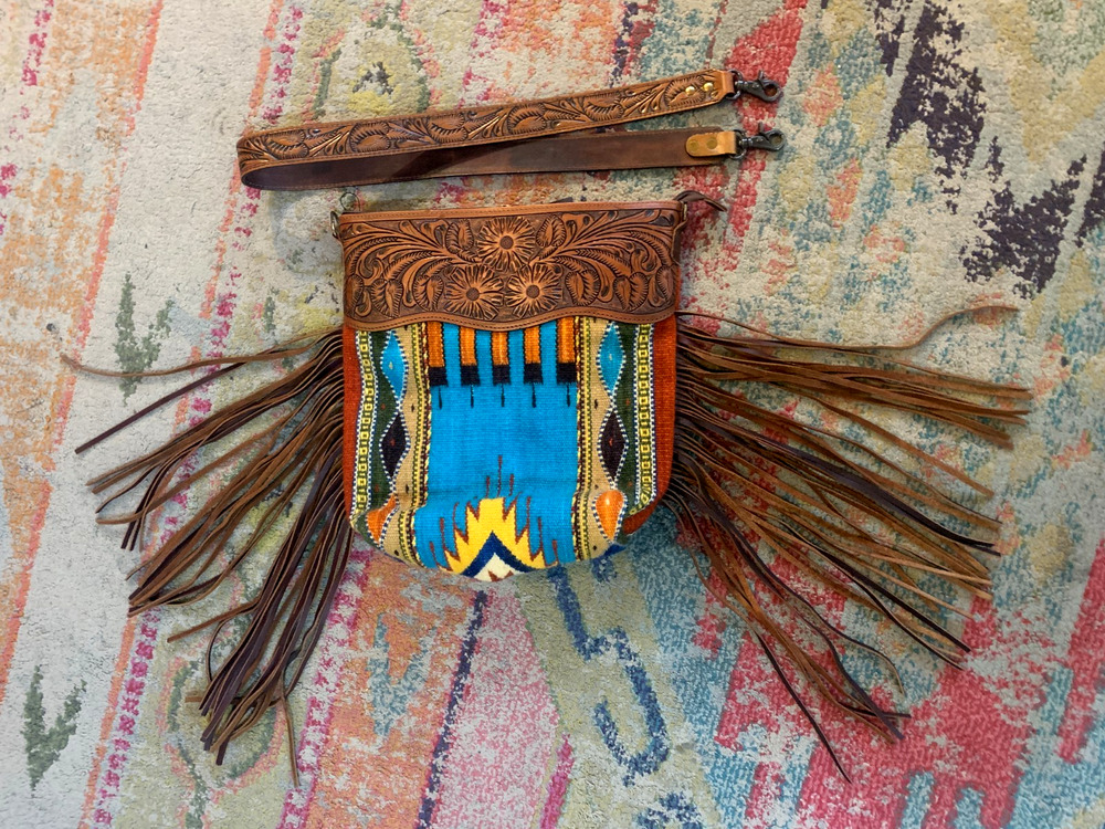 American Darling Embossed Leather Saddle Bag with Leather Fringe and Strap